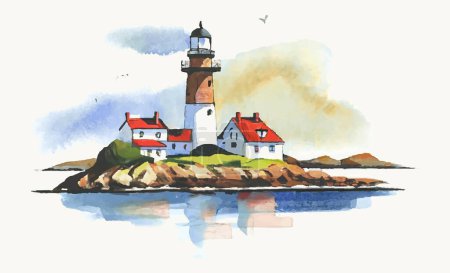 Illustration for Lighthouse on the island. Hand drawn watercolor vector illustration. - Royalty Free Image