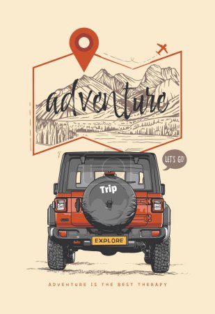 Ilustración de Cartel de aventura vintage con un vehículo todoterreno retro. Ilustración vectorial. - Imagen libre de derechos