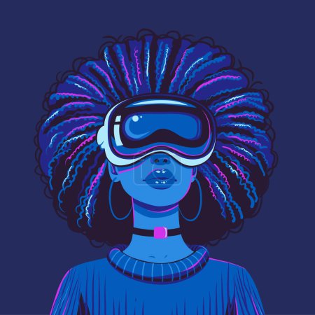 Téléchargez les illustrations : Illustration vectorielle d'une fille à la coiffure afro portant des lunettes de réalité virtuelle. - en licence libre de droit