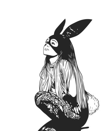Téléchargez les illustrations : Illustration en noir et blanc d'une fille masquée portant un masque de lapin avec de longues oreilles - en licence libre de droit