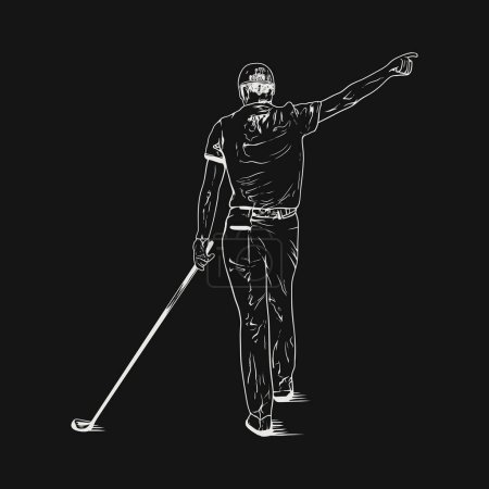 Illustration en noir et blanc d'un golfeur célébrant un swing parfait, détaillé et expressif.