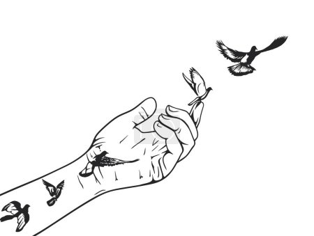 Eine minimalistische Schwarz-Weiß-Illustration, die eine Hand zeigt, die Vögel in den Himmel entlässt.