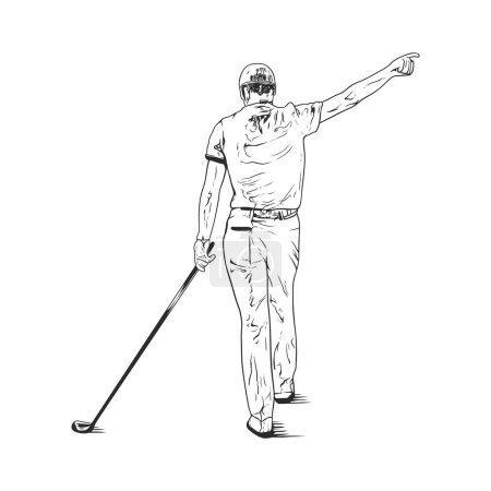 Illustration en noir et blanc d'un golfeur célébrant un swing parfait, détaillé et expressif.