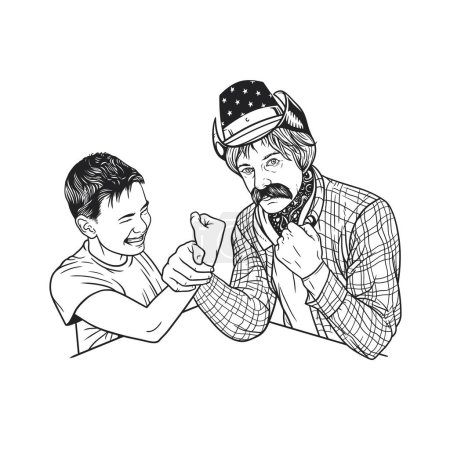 Ilustración de A senior man coaching a younger boy about arm wrestling. Black and white vector illustration - Imagen libre de derechos