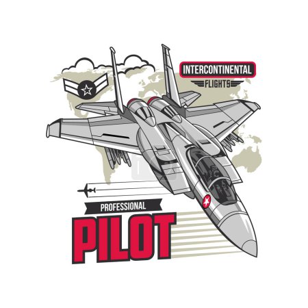 Grafisches Emblem mit einem Kampfjet mit professionellem Piloten und Themen für Interkontinentalflüge.