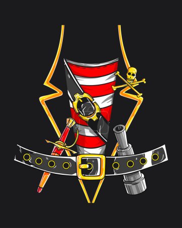 Illustration for Pirate costume illustration on black background. Graphic of a vintage pirate vest, shirt, and belt, perfect for themed designs. - Royalty Free Image