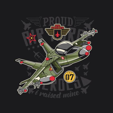 Elegante gráfico de aviones de combate militar con orgulloso lema padre sobre un fondo oscuro.