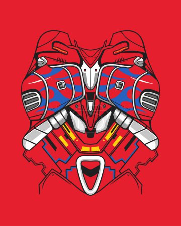 Colorful, symmetrical abstract illustration of a robot body with intricate patterns on a red background.
