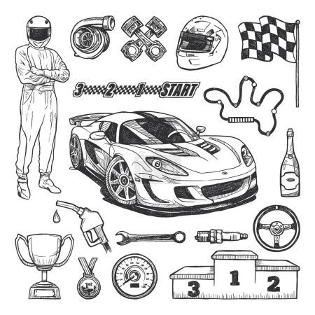 Detailed black and white hand-drawn illustrations of racing car, helmet, and gear