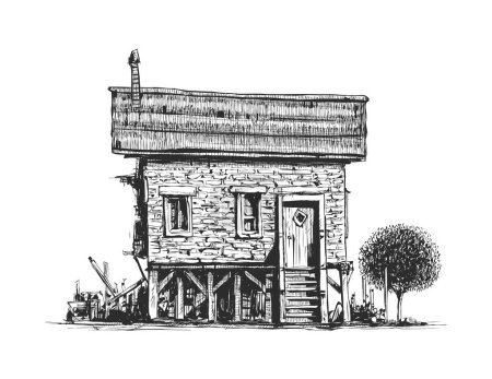Ilustración dibujada a mano de una cabaña de madera y un solo árbol, mostrando un encanto pintoresco y rural