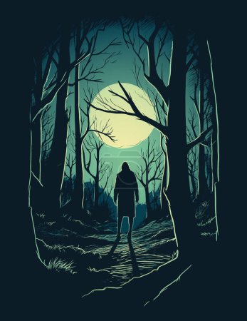 Téléchargez les illustrations : Un randonneur solitaire s'aventure dans une forêt sereine et éclairée par la lune avec des arbres imposants qui projettent des ombres contrastées. - en licence libre de droit