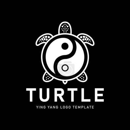 Illustration en noir et blanc d'une tortue avec un symbole yin yang sur sa coquille, adapté à l'identité de la marque.