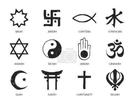Black and white icons representing various world religions and spiritual philosophies.
