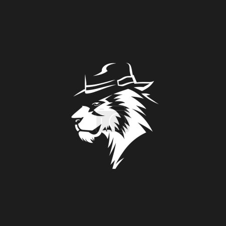 Lion head wearing detective hat logo on black background.