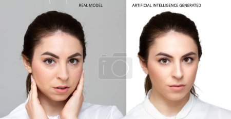 Téléchargez les photos : Comparaison hypothétique entre un modèle réel et un visage créé par l'intelligence artificielle. Concept d'images de plus en plus réalistes créées avec un logiciel AI - en image libre de droit