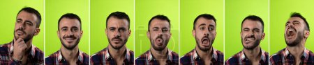 Foto de Collection of multiple expressions of young people isolated on green background. Human emotion expressing concept of variety and diversity of feelings - Imagen libre de derechos