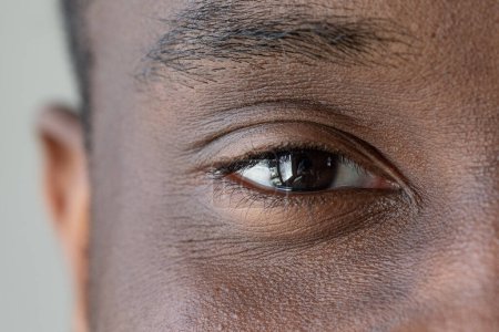 Téléchargez les photos : Gros plan du visage d'un Africain. Macro aux yeux avec iris noir. Détails en gros plan et caractéristiques masculines visibles. Cils et sourcils en ordre. - en image libre de droit