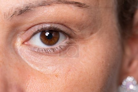 Macro shot of a human eye revealing a detailed brown iris and lashes