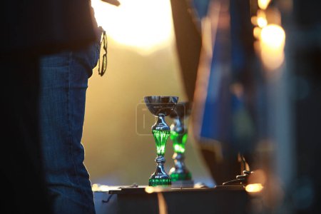 Téléchargez les photos : Le soleil se couche en jetant une lueur chaude sur un trophée, soulignant le moment de la réalisation lors d'une cérémonie de remise des prix - en image libre de droit