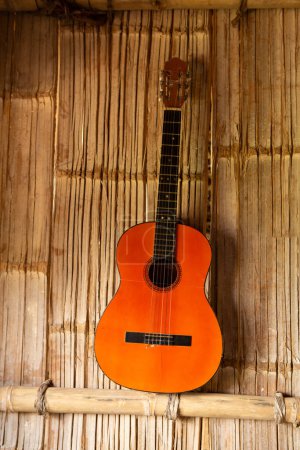 eine ikonische Gitarre ruht an einer Schilfwand und erinnert an das reiche musikalische Erbe und die handwerkliche Fertigkeit
