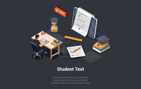 Illustration for Education, Graduation, Student Test Concept. Happy Cheerful Boy Pupil Has Test Or Exam In Classroom. Questionnaire Form, Online Education, Survey Or Internet Quiz. Isometric 3D Vector Illustration. - Royalty Free Image