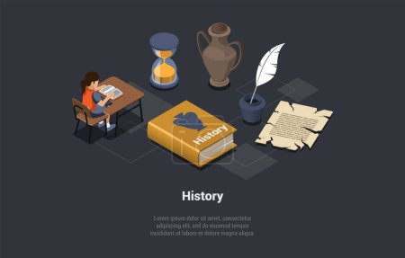 Illustration for History Classroom with Girl Student. Ancient Symbols, Piece of Parchment, History Book. Female Character Reading Information About Ancient Items And Museum Exhibit. Isometric 3d Vector Illustration. - Royalty Free Image
