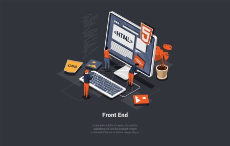 Illustration for Conceptual Template with Developer, Programmer or Coder Working On Computer. Scene for main Stages of Software Development, Front-End and Back-End Coding. Isometric 3D Cartoon Vector Illustration. - Royalty Free Image