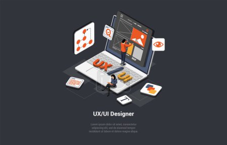 UI Design Concept. Device Content Place Infographic. Software group, kit for phone seo programming. UX, Digital Hero Creative Team Work On Wireframe Website Design. Isometric 3d Vector Illustration.