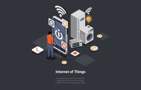 Concept Of Smart Home Technologies, Internet Of Things and Machine Interface. Man Male Character Controls the Operation of Household Appliances Using a Smartphone. Isometric 3d Vector Illustration.