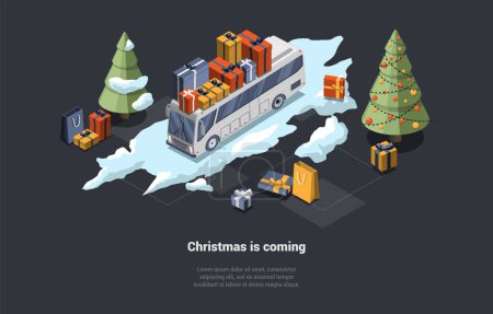 Illustration for Winter Holidays And Vacations Concept. Magic Christmas Bus Full Of Gifts Riding By The Snowy Road In The Forest, Symbolizing Approach of Christmas Holidays. Isometric 3d Cartoon Vector Illustration. - Royalty Free Image