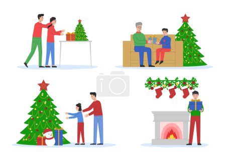 Merry Christmas and Happy New Year. Cheerful People Celebrate Christmas Holidays. Characters Exchange Gifts With Holiday Greetings, And Positive Emotions. Outline Linear Flat Vector illustrations Set.