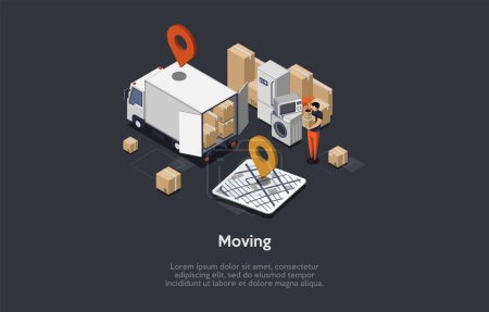 Illustration for Moving House Service Concept. Cardboard Boxes With Various Household Items, Appliances Prepared for Transportation By Truck. Family Moving to a New Place. Isometric 3d Cartoon Vector Illustration. - Royalty Free Image