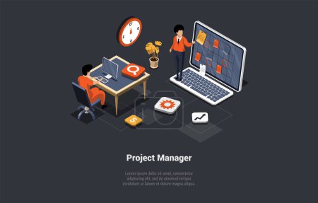 Concept Of New Startup Or Project. Back End Software Engineer Project Manager Develop Or Working On New Startup Idea. Creative Team Working Together In The Office. Isometric 3d Vector Illustration.