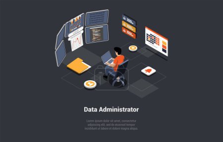 Connection Server Database Synchronize Technology or Web Hosting Infrastructure. Male Character Controls of Working Big Data Storage Lab and Cloud Computing. Isometric 3d Cartoon Vector illustration.