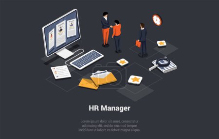 Illustration for Recruitment Agency And Human Resources. HR Manager Choosing Best Candidates And CV For Hiring Job. Employers Searching For Professional Talented Employees. Isometric 3d Cartoon Vector Illustration. - Royalty Free Image