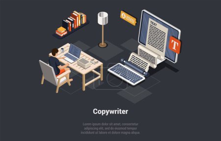 Copywriter Job Concept. Writer Typing An Article on Computer. Person Editor Write Electronic Text Book, Letter Or Journal. Man Typing Text At Author Modern Workplace. Isometric 3D Vector Illustration.