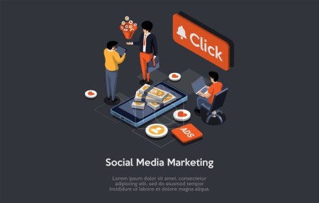 Social Media Marketing And Online Promotion. SMM Managers Develop Successful Strategy, Marketing Funnel, Lead Generation, Researching And Strategy Planning . Isometric 3D Cartoon Vector Illustration.