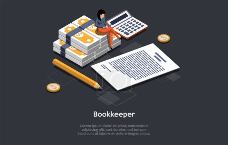 Illustration for Concept Of Personal Accounting. Woman Financial Consultant Sitting On Dollar Banknotes And Reduces Debit With Credit. Female Character Preparing Financial Tax Report. Isometric 3d Vector Illustration. - Royalty Free Image