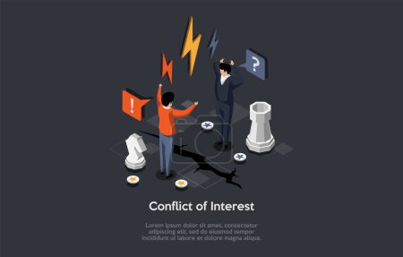Illustration for Compromise Conflict And Solution Searching Between People, Controversy or Difference Opinion. Disagreement Between Businessmen. Characters Argue About Work Problems. Isometric 3d Vector Illustration. - Royalty Free Image