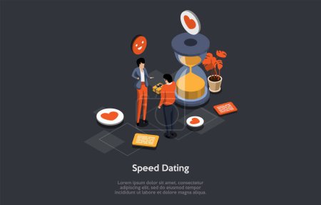 Illustration for Speed Dating Concept, Relationship Between Man And Woman. Boy And Girl Having Speed Dating. Characters Communicate To Each Other For Futher Relationships. Isometric 3d Cartoon Vector Illustration. - Royalty Free Image