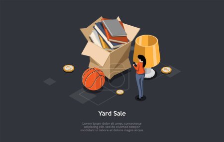 Concept Of Garage And Yard Sale With Furniture, Vintage Literature. Woman Buy Vintage Things From Sale At Backyard. People Sale Old Books, Ball, Table Lamp Isometric 3d Cartoon Vector Illustration.