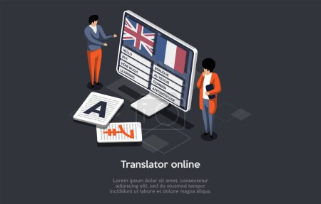Multilingual Translator App, Characters Learn Foreign Language Online. People Using Mobile Application For Translation Other Languages, International Communication. Isometric 3d Vector Illustration.