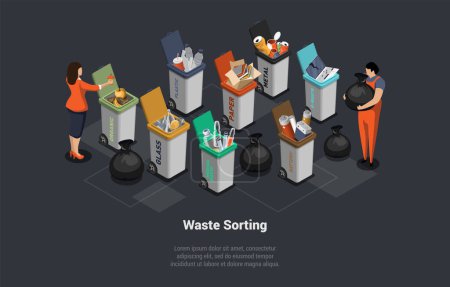 Téléchargez les illustrations : Zero Waste, Recycling Garbage. People Collecting, Sorting Garbage, Collecting Bio, Paper, Plastic, Metal, Electronic Waste, Glass Trash into Recycling Garbage Bin. Isometric 3d Vector Illustration. - en licence libre de droit