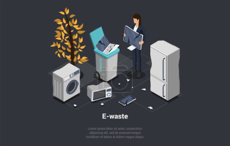 Illustration for Zero Waste, Reuse, Eco-Friendly, Segregation, Recycling Garbage. Character Collecting E-Waste For Futher Manufacturing. Recycling Of Electronic Waste Trash. Isometric 3d Cartoon Vector Illustration. - Royalty Free Image