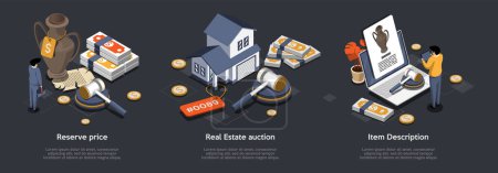 Ilustración de Concept Of Real Estate Auction, Reserve Price And Item Description. Auction Bids Scene With Auctioneer With Hammer Making Sales Announcements Of Items And House. Isometric 3d Vector Illustrations Set. - Imagen libre de derechos