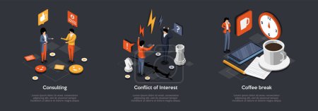 Ilustración de Business Consultant, Advisor or Expertise, Online Presentation, Strategy and Analysis Concept, Characters Solve Of Conflict Of Interest At Coffee Break. Isometric 3d Cartoon Vector Illustrations Set. - Imagen libre de derechos