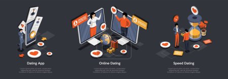 Dating-App, Beziehung zwischen Mann und Frau. Junge und Mädchen finden einander im Bewerbungsformular, für Online- oder Speeddate, Kommunikation. Isometrische 3D Cartoon Vector Illustrationen Set.