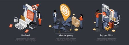 Online Shopping Store With Shopping Bag, Pay Per Click, RSS Feed, Geo Targeting and E-commerce Concept. People Are Buying Goods Using Application On Smartphone. Isometric 3d Vector Illustrations Set.