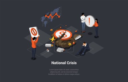 Illustration for Concept Of National, Financial Crisis, Recession, Inflation, Devaluation, CBDC Integration. People Protesting Against Price Increases And Employees Reduction. Isometric Cartoon 3D Vector illustration. - Royalty Free Image