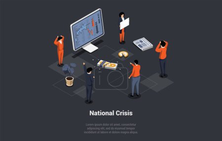 Illustration for Concept Of National, Financial Crisis, Recession, Inflation, Devaluation, CBDC Integration. Characters Protesting Against Price Increases And Employees Reduction. Isometric 3D Vector illustration. - Royalty Free Image